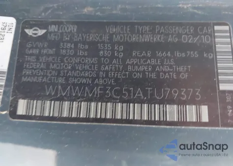 2010 Mini Cooper from USA, damaged, VIN WMWMF3C51ATU79373